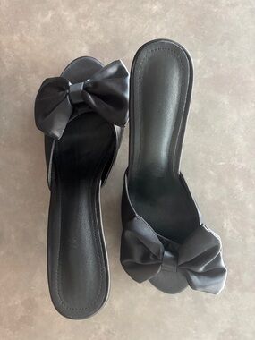 SHEIN Black Satin Bow Slide Mules